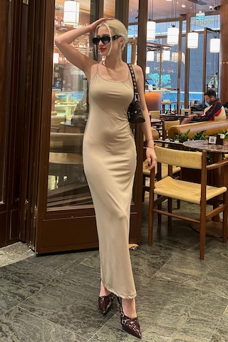 Madmext Bej Uzun Asklı Basic Elbise Mg1852-bej