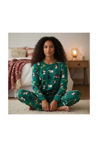 Feg Store %100 Pamuk Yeşil Uzun Kollu Yılbaşı Temalı Pijama Takımı