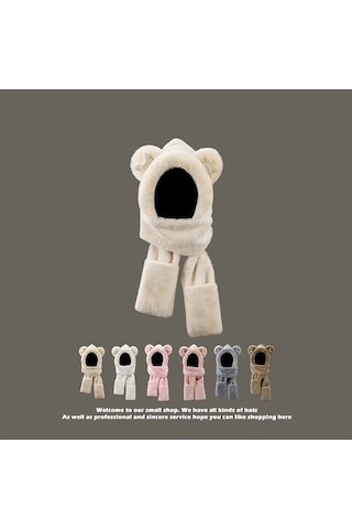 Sunnystore - Ayı Kulaklı Şapka Atkı ve Eldivenlerin Hepsi Tek Bir Tarzda L012- Kirli Beyaz