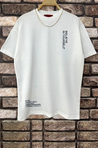 Erkek Belive İn Yourself Baskılı Oversize Tshirt Beyaz