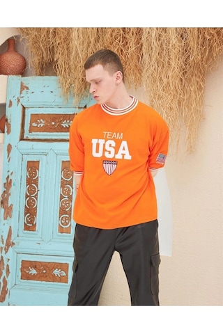 Novalisse Erkek Bisiklet Yaka Tişört Nakış İşlemeli Kısa Kol Oversize T-shirt - Turuncu Çoklu Renk