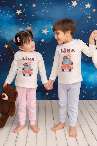Pia Baby İsme Özel Kız Çocuk 2 Adet Pijama Takımı %100 Pamuk Penye İsim Baskılı Kişiye Özel Kreş Pijaması Hediye Seti 20758s15pi Krem