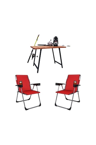 Alin Metal Kamp Sandalyesi 2''li Lüks Bardaklı Kamp Sandalyesi Ve Masa Set Fgt-04 Kirmizi Kırmızı