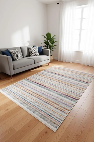 Blghome Renkli Çizgiler Modern Halı Dekoratif Kilim Krem - Renkli