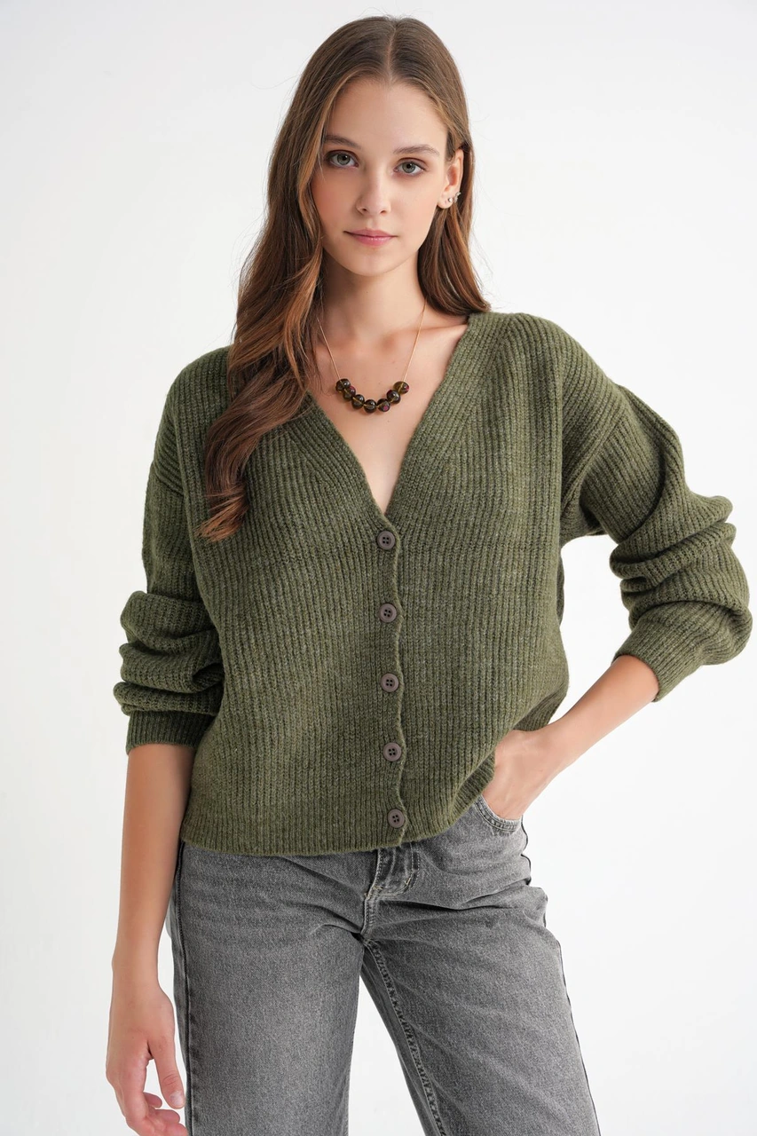 6943 Kadın V Yaka Selanik Hırka Haki Haki