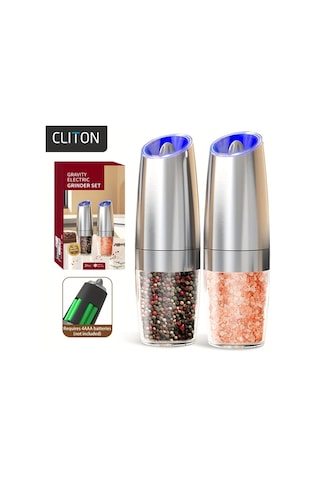 Topshop1 2 Adet Paslanmaz Çelik Gövdeli Yerçekimli Elektrikli Tuz Karabiber Değirmeni Otomatik Öğütme Led Işıklı Geniş Kapasiteli Ahşap