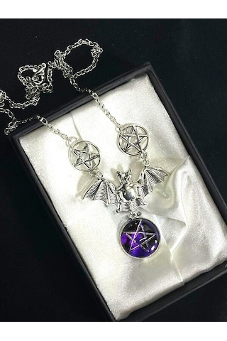Dükkan Design Pentagram Gotik Yarasa Kolye Gri