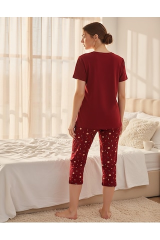 Mihra Kadın %100 Pamuk Bisiklet Yaka Kısa Kol Kapri Pijama Takımı 90787kk - 1 Adet Kırmızı