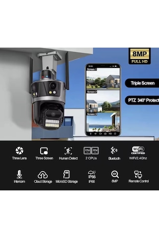 6k 12mp 8x Zoom Dört Lensli Wifi Kamera, Aı Takip, Gece Görüş, Ip66 Su Geçirmez