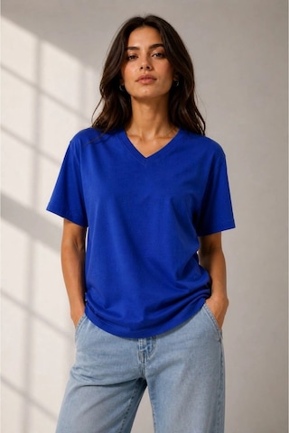 Wear Vexel Kadın V Yaka Basic Tişört Kısa Kol Yazlık Regular Fit T-shirt - Saks Mavisi Saks Mavisi