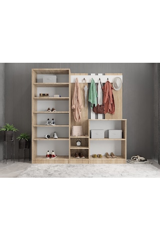 Flora Aynalı Portmanto Vestiyer Meşe - Beyaz 225 CM