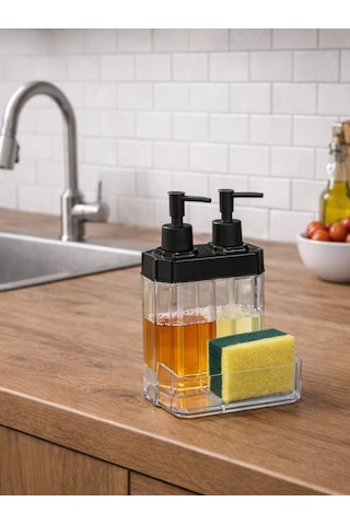 2 Bölmeli Şeffaf Sıvı Sabunluk Ve Süngerlik Mutfak İçin Modern Sabun Dispenseri Gri