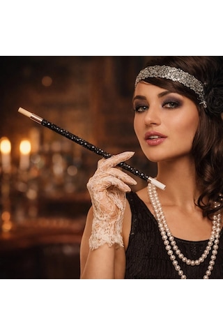 30 Cm Siyah Payetli Tutacağı 1920 Ler Gatsby Parti Aksesuarı