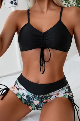 Angelsin Büzgü Ayarlı Baskılı Deniz Şortu Bikini Alt Siyah