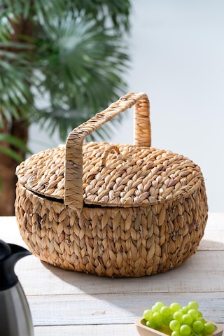 Wicker Kapaklı Hasır Piknik Sepeti - 38 Cm Kahverengi