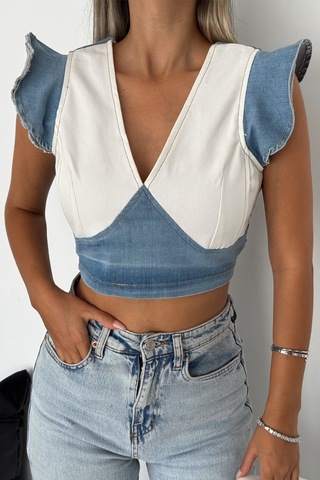 Femelle Kadın Mavi Sırtı Fermuarlı Crop Kot Bluz