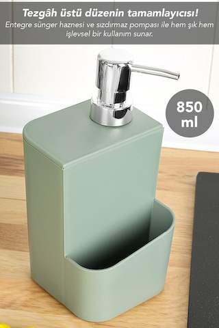 Süngerlik Bölmeli Sıvı Sabunluk - Tezgah Üstü Süngerlikli Sabunluk Mutfak Organizer 850ml Yeşil Yeşil