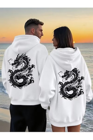 Nevermind Sevgili Çift Kombini Dragon Desenli Hoodie Kapüşonlu Sweatshirt 2 Beyaz