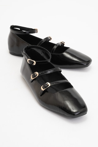 Luvishoes Luvi Shoes Glımmer Siyah Rugan Hakiki Deri Bilekten Bağlamalı Küt Burun Kadın Babet Ayakkabı Siyah Rugan