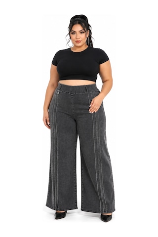 Büyük Beden Beli Lastikli Bağcıklı Yüksek Bel Taş Şerit Detaylı Bol Paça Denim Kadın Pantolon Siyah