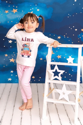 Pia Baby İsimli Kız Çocuk Pijama Takımı %100 Pamuk Penye İsme Özel Baskılı Kişiselleştirilebilir Pijama Seti 20753p14pi Krem
