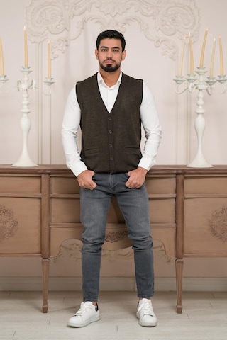 Woolen World Regular Fit Ön Cepli Kolsuz Erkek Triko Yelek Kahverengi