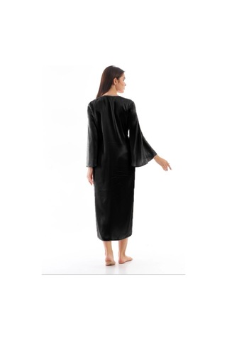 Laperissa Kadın Siyah Saten Dokuma Sabahlık Beyaz Kuşaklı Şık Ve Zarif Ev Giyim Siyah