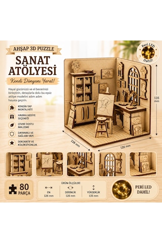 Sanat Atölyesi Ahşap Maket Seti Dıy Miniatür Artist Workshop Peri Led'li 3d Puzzle