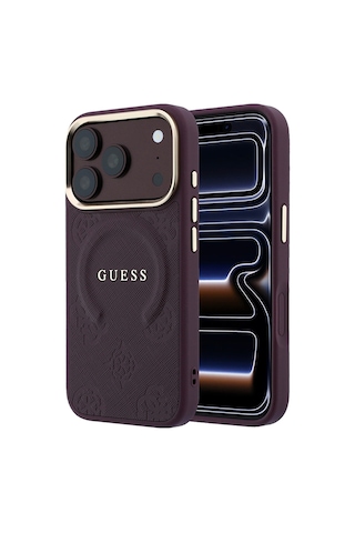Apple iPhone Uyumlu 18 Pro Max Kılıf Guess Lisanslı M-safeli Baskılı Yazı Logolu C-magnet Pu Peony Kapak Bordo