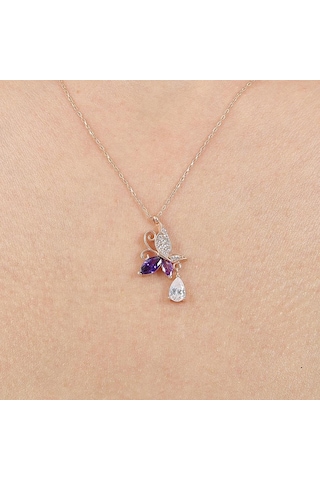 Mia vento Ametist Taşlı Kelebek Parıltısı Rose Renk Gümüş Kolye