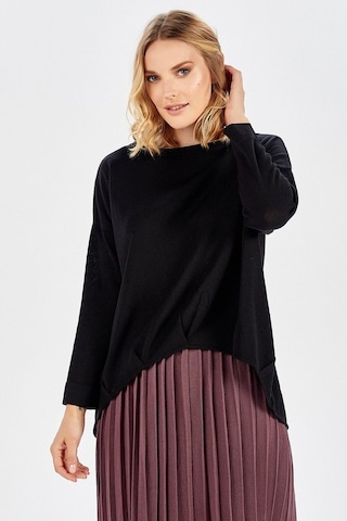 Peraluna Ön Ve Arka Pile Detaylı Siyah Salaş Triko Kadın Bluz-Siyah