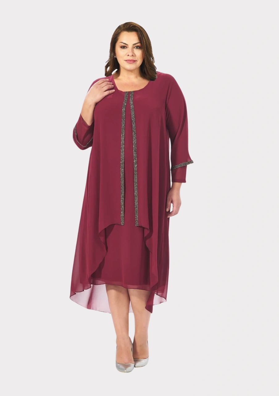 Lilas Xxl Büyük Beden Bordo Renkli Taş Baskılı Kısa Abiye Elbise Bordo