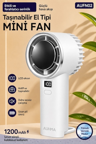 Exenar - Beyaz - Güçlü Portatif Mini El Fanı 1200 Mah Dijital Ekranlı Şarjlı Vantilatör 5 Kademeli Fan Beyaz