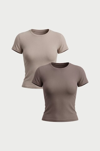 Auw Kadın Bisiklet Yaka Pamuklu Modal T-shirt 2'li - Softfit Taş - Vizon