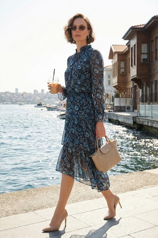 Lela Regular Fit Boyundan Bağlamalı Volanlı Şifon Midi Bayan Elbise 611El1450 Lacivert