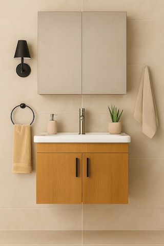 Luna 65 Cm Ahşap Camlı Üst Modül Ve Seramik Lavabolu, Mdf Banyo Dolabı Takımı Ahşap