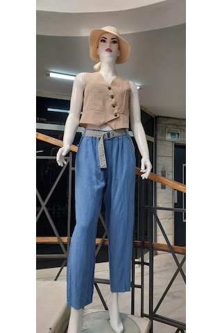 Eren Style İtalyan Kemerli Keten Pantolon-9260 İndigo Mavi İndigo