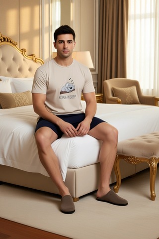 Frm Erkek Ve Indigo Koala Baskılı Pijama Takımı Fonksiyonel Dayanıklı Bej