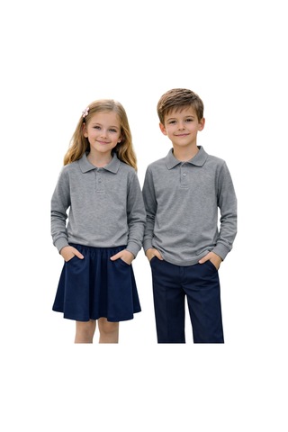 Erdem Kıds Unisex Kız Erkek Çocuk Polo Yaka Pamuklu Uzun Kol Gri Günlük Basic Okul Tişört Gri Gri