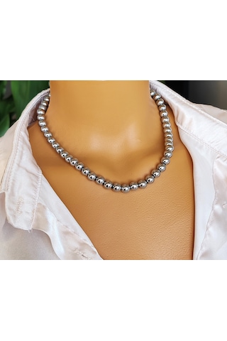 Gümüş Rengi 8 Mm Top Hematit Kadın Kolye Gümüş