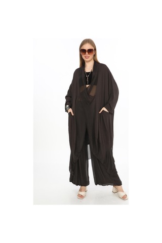 Bohem Stil Italyan Ipek Detaylı Oversize Kap Bluz- Wes Pantolon Takım-8863 Koyu Kahve Kahverengi