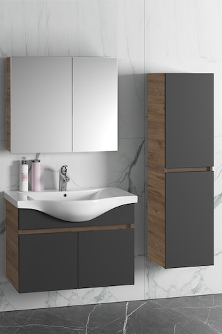 Yıldız 80+35 Cm Atlantik Çam-Antrasit Gri Mat Mdf Seramik Lavabol Antrasit - Atlantik Çam