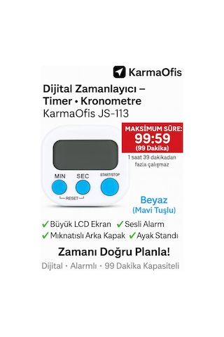 Dijital Kronometre Beyaz Mavi Tuşlu 99 Dakika Alarmlı Timer Büyük Lcd