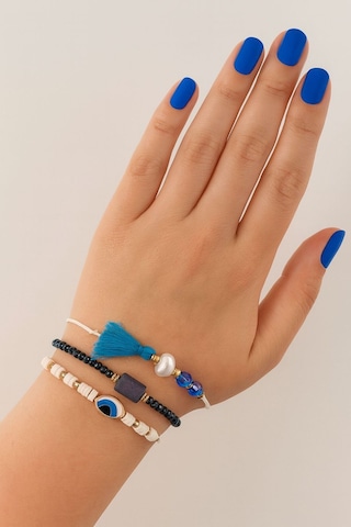 3lü Püsküllü İncili Nazar Boncuklu Asansörlü Bileklik. Lastikli Boncuklu Bileklik. Kadın İp Bileklik Çok Renkli