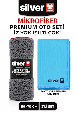 2'li Araç Temizlik Seti 50x70 Cm 390 Gsm Mikrofiber Kurulama Havlusu Ve İz Bırakmayan Premium Cam Bezi