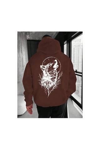Herkesemoda Arka Kurt Baskı Detaylı İçi Polarlı Kapüşonlu Sweatshirt Kahverengi