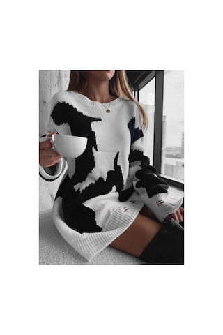 Elku Moda Kadın Oversize Soyut Desenli Yırtık Detaylı Triko Kazak Grunge Stil Örme Kazak Açık Bej
