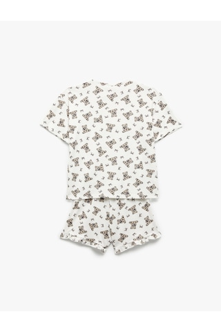 Koton Pamuklu Ayıcık Baskılı Kısa Kollu Bisiklet Yaka Pijama Takımı Ekru Desenli 5slk40196mk