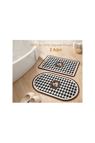 2 Li Sihirli Paspas,su Emici, Kaymaz Tabanlı, Banyo,duş,mutfak,lavabo,balkon Kapısı 57,5x38 Cmx 2 Kahverengi Çiçekli Geometrik