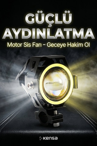 U7 Motosiklet Sis Farı Mercekli, Büyük Kafesli, Sarı Angel Işıklı Led -